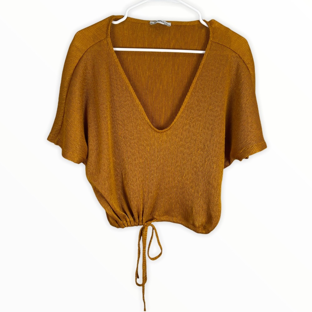 Zara Trafaluc Crop Top Rib Knit V Neck Short Sleeve Shirt Mustard V Neck Sz S